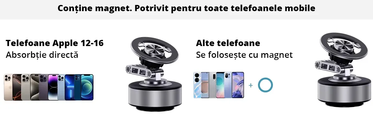 Suport auto telefon universal cu ventuza, vacum cu incarcare USB-C, rotire 360°, prindere ferma pe parbriz, bord sau ecran