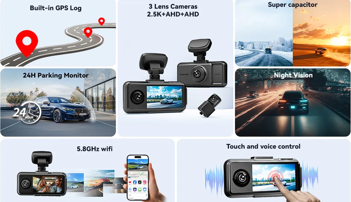 Camera auto de bord tripla REDTIGER A6 2.5K, WiFi, Night Vision, GPS, aplicatie dedicata, G-sensor si monitorizare parcare