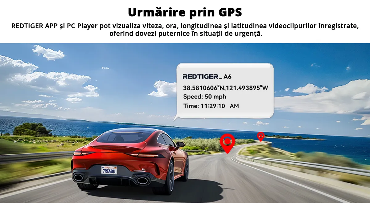 Camera auto de bord tripla REDTIGER A6 2.5K, WiFi, Night Vision, GPS, aplicatie dedicata, G-sensor si monitorizare parcare