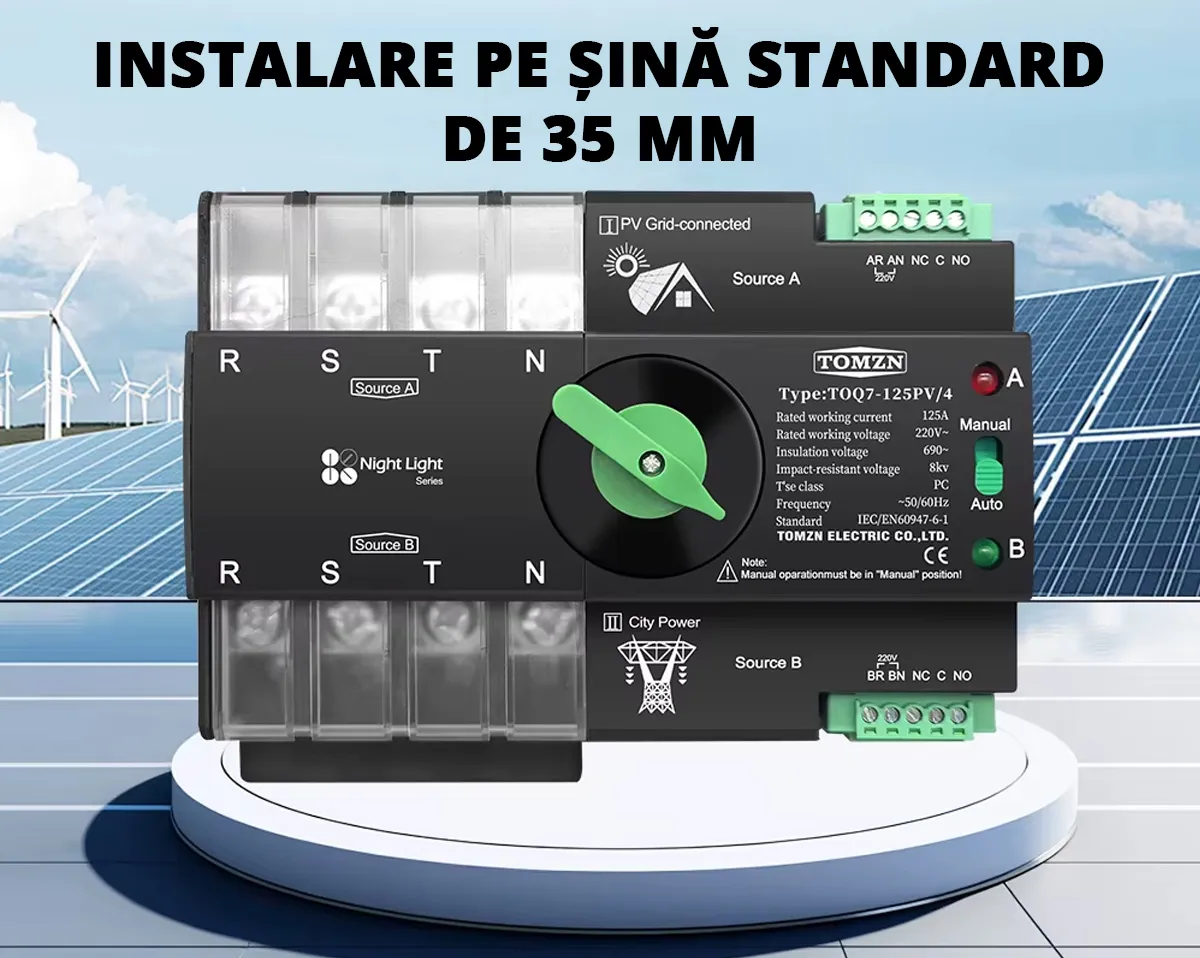 Comutator de transfer automat ATS trifazic pentru transfer retea-panouri fotovoltaice 4P, 220V 63A