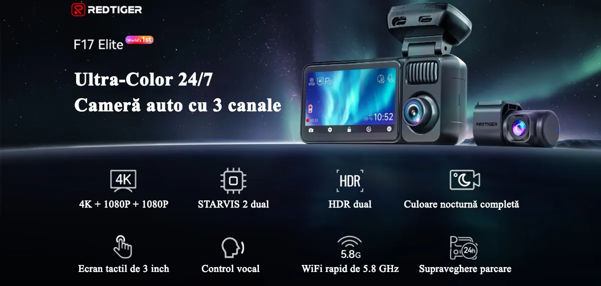 Camera de bord cu 3 canale REDTIGER F17 Elite 4K+1080P+1080P, WiFi 6, Night Vision, ecran tactil 3”, GPS, aplicatie dedicata, G-Sensor si Mod Parcare