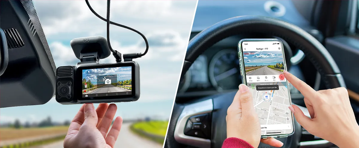 Camera de bord cu 3 canale REDTIGER F17 Elite 4K+1080P+1080P, WiFi 6, Night Vision, ecran tactil 3”, GPS, aplicatie dedicata, G-Sensor si Mod Parcare