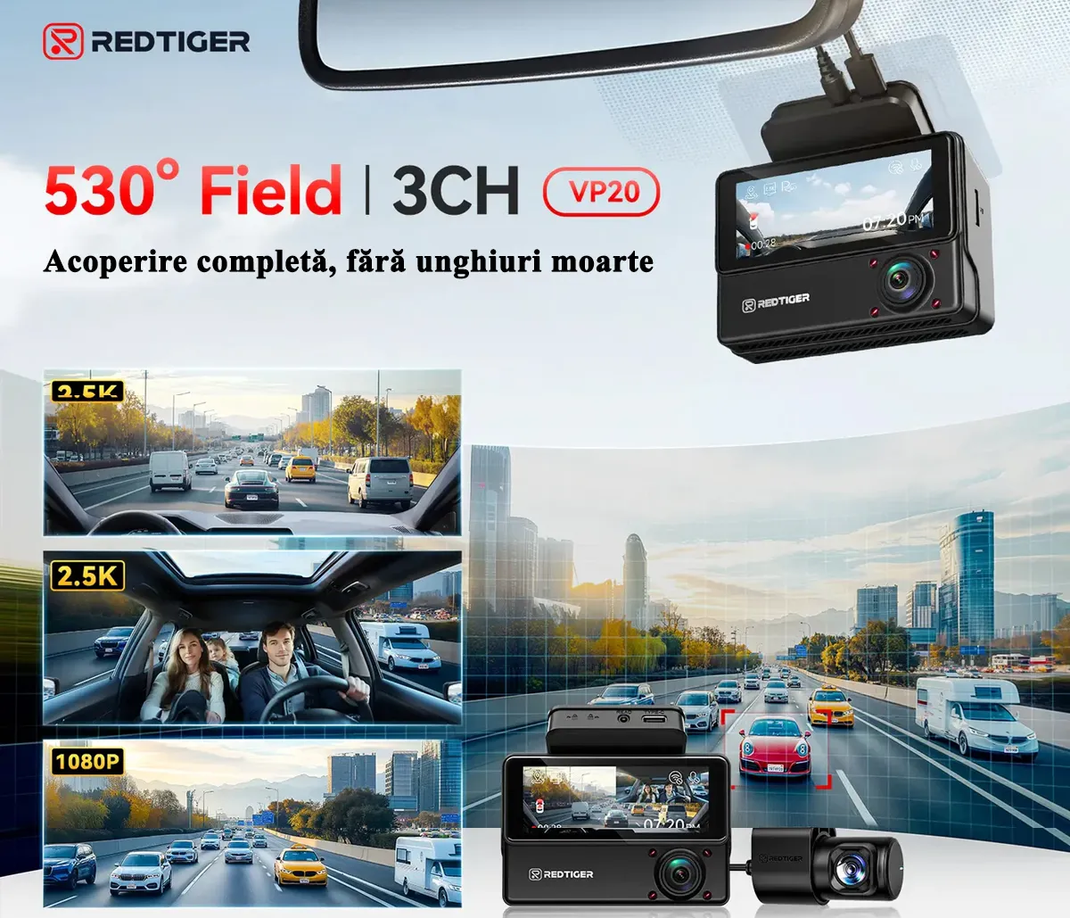 Camera auto de bord cu 3 canale RedTiger VP20 2.5K+2.5K+1080P, WiFi, Night Vision, ecran tactil, 530°, GPS, aplicatie dedicata, G-Sensor si Mod Parcare, card 128GB