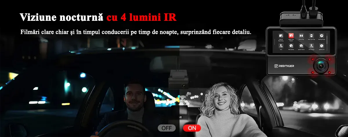 Camera auto de bord cu 3 canale RedTiger VP20 2.5K+2.5K+1080P, WiFi, Night Vision, ecran tactil, 530°, GPS, aplicatie dedicata, G-Sensor si Mod Parcare, card 128GB