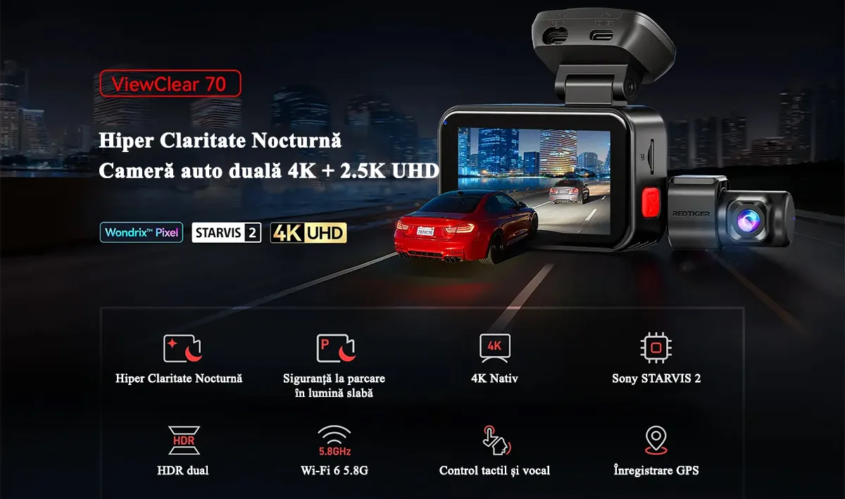 Camera auto de bord cu 2 canale REDTIGER ViewClear 70 4K+2.5K, WiFi, Night Vision, ecran tactil 3”, GPS, aplicatie dedicata, G-sensor si Mod Parcare, card 128GB