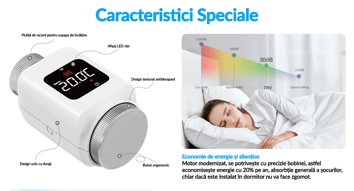 Termostat inteligent TRV pentru calorifere, cu Wi-Fi si ecran LCD, compatibil Tuya