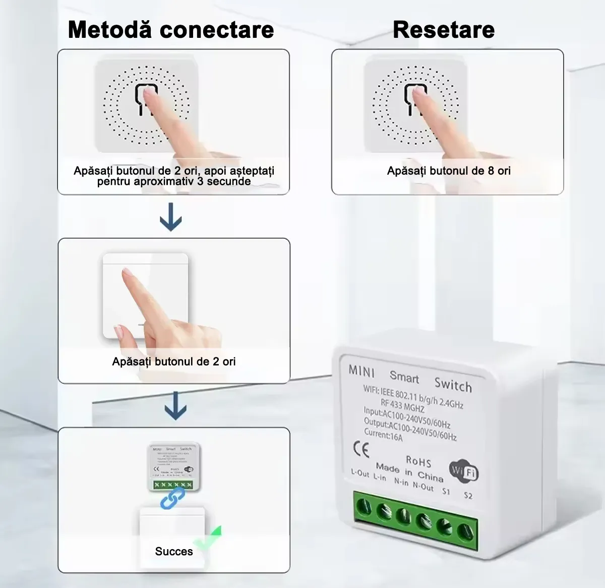 Intrerupator de perete fara fir RF 433MHz – 1 Canal, compatibil Tuya/Smart Life/Alexa/Google Home