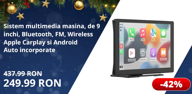 Sistem multimedia pentru masina, de 9 inchi, Bluetooth, FM, Wireless Apple Carplay si Android Auto incorporate