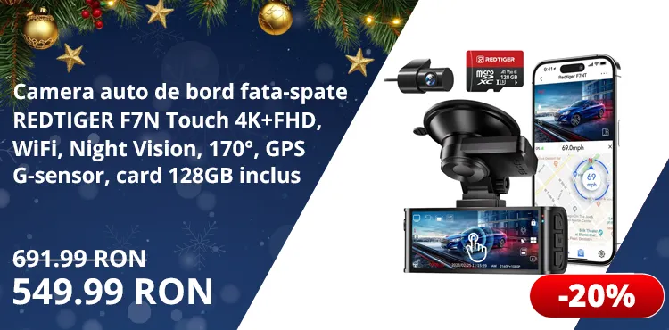 Camera auto de bord fata-spate REDTIGER F7N Touch 4K+FHD, WiFi, Night Vision, 170°, ecran tactil IPS 3.18", GPS, aplicatie dedicata, G-sensor, card 128GB inclus