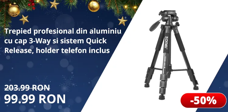 Trepied profesional din aluminiu cu cap 3-Way si sistem Quick Release, holder telefon inclus