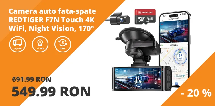 Camera auto de bord fata-spate REDTIGER F7N Touch 4K+FHD, WiFi, Night Vision, 170°, ecran tactil IPS 3.18", GPS, aplicatie dedicata, G-sensor, card 128GB inclus