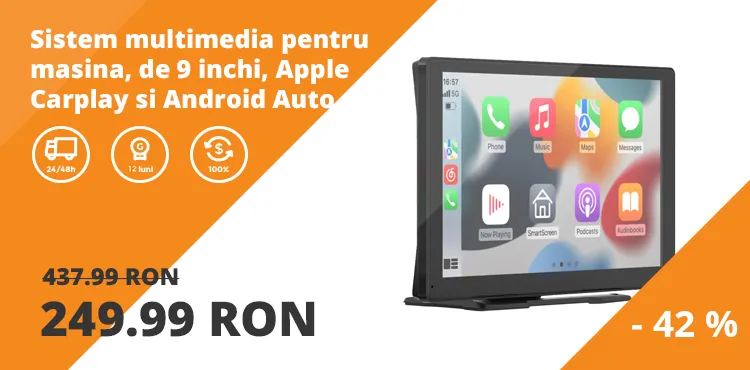 Sistem multimedia pentru masina, de 9 inchi, Bluetooth, FM, Wireless Apple Carplay si Android Auto incorporate