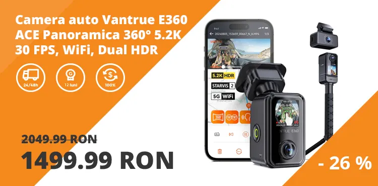 Camera auto Vantrue E360 ACE Panoramica 360° 5.2K 30 FPS, WiFi, Dual HDR, Night Vision 2.0, ecran tactil 1.54”, GPS, control vocal