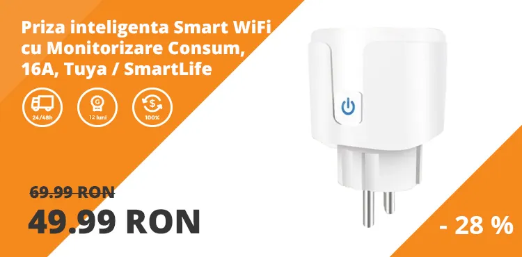 Priza inteligenta Smart WiFi cu Monitorizare Consum, 16A, control prin aplicatie, compatibila cu Tuya / SmartLife