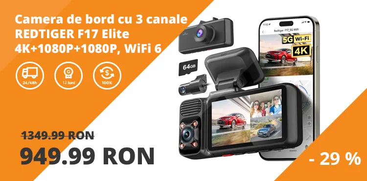 Camera de bord cu 3 canale REDTIGER F17 Elite 4K+1080P+1080P, WiFi 6, Night Vision Color, ecran tactil 3”, GPS, aplicatie dedicata, G-Sensor si Mod Parcare