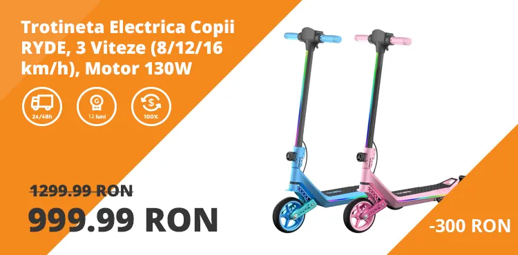 Trotineta Electrica Copii RYDE U8, 3 Viteze (8/12/16 km/h), Suspensie Dubla Fata/Spate, Motor 130W, Autonomie 10 km, Pliabila, 6–12 ani