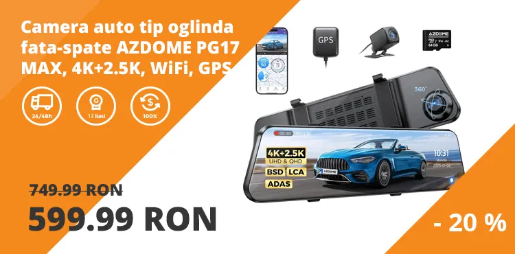 Camera auto tip oglinda fata-spate AZDOME PG17 MAX, 4K+2.5K, WiFi, GPS, Night Vision, 150°, ecran tactil 12", control vocal, monitorizare parcare
