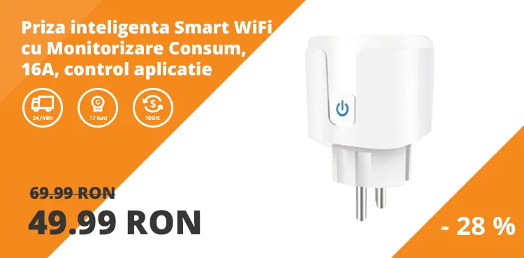 Priza inteligenta Smart WiFi cu Monitorizare Consum, 16A, control prin aplicatie, compatibila cu Tuya / SmartLife