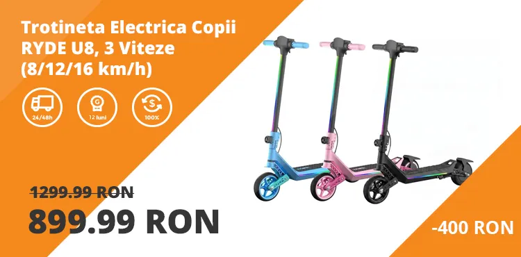 Trotineta Electrica Copii RYDE U8, 3 Viteze (8/12/16 km/h), Suspensie Dubla Fata/Spate, Motor 130W, Autonomie 10 km, Pliabila, 6–12 ani