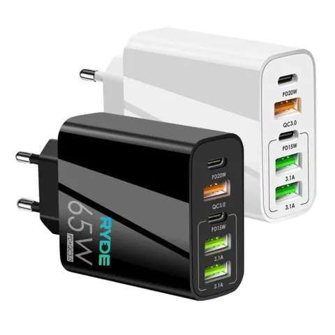 Incarcator auto rapid 65W 2x USB-C, 3x USB-A, pentru telefon, tableta, GPS, Alb /  Negru