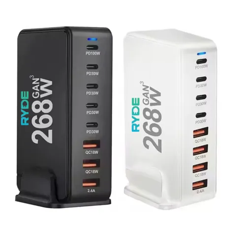 Incarcator rapid USB-C 268W cu 8 porturi (5xUSB-C, 3XUSB-S), ideal pentru laptop, tableta, telefon, Negru / Alb 