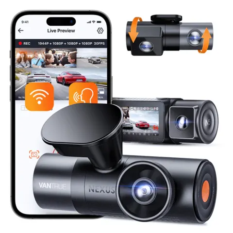 Camera auto cu 4 canale Vantrue N5 fata-spate-interior, WiFi 5GHz, 2.7K + 1080P + 1080P + 1080P, HDR + WDR, control vocal, Night Vision, ecran 3.19", GPS, G-sensor si monitorizare parcare 