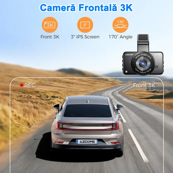Camera auto de bord AZDOME M17 FHD 1080P, WiFi, Night Vision, 150°, ecran 3&quot;, aplicatie dedicata, G-sensor si monitorizare parcare