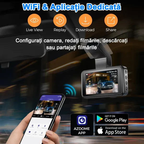 Camera auto de bord AZDOME M17 FHD 1080P, WiFi, Night Vision, 150°, ecran 3&quot;, aplicatie dedicata, G-sensor si monitorizare parcare