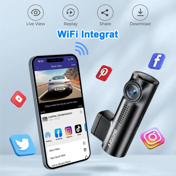 Camera auto de bord AZDOME M330 FHD 1080P, WiFi, WDR Night Vision, 170°, ecran 0.96&quot;, aplicatie dedicata, G-sensor si monitorizare parcare