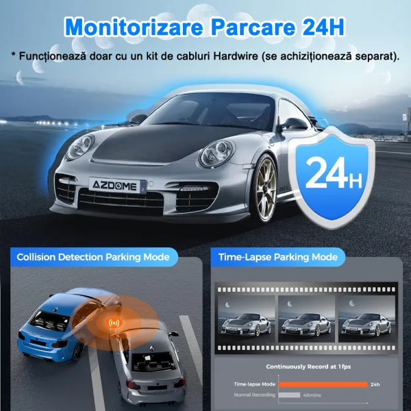 Camera auto de bord AZDOME M330 FHD 1080P, WiFi, WDR Night Vision, 170°, ecran 0.96&quot;, aplicatie dedicata, G-sensor si monitorizare parcare