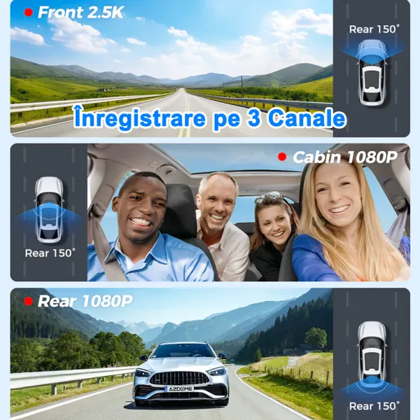 Camera auto de bord AZDOME M550 Pro cu 3 canale 4K, WiFi 5G, WDR Night Vision, 150°, ecran IPS 3.19&quot;, GPS, aplicatie dedicata, G-sensor si monitorizare parcare