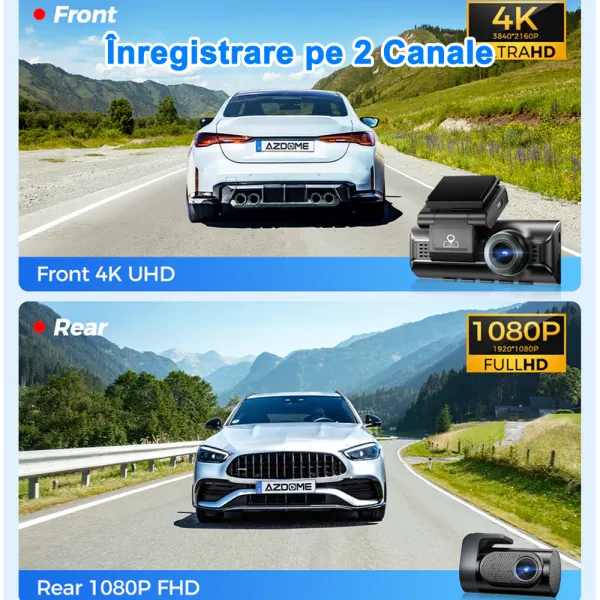 Camera auto de bord AZDOME M550 Pro cu 3 canale 4K, WiFi 5G, WDR Night Vision, 150°, ecran IPS 3.19&quot;, GPS, aplicatie dedicata, G-sensor si monitorizare parcare