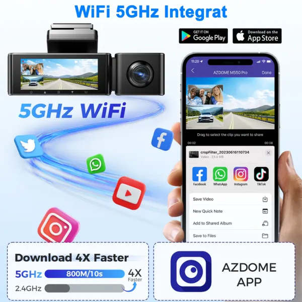 Camera auto de bord AZDOME M550 Pro cu 3 canale 4K, WiFi 5G, WDR Night Vision, 150°, ecran IPS 3.19&quot;, GPS, aplicatie dedicata, G-sensor si monitorizare parcare