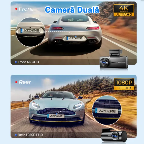 Camera auto de bord AZDOME M580 cu 2 canale 5K, WiFi 5G, WDR Night Vision, 150°, ecran IPS 4&quot;, GPS, aplicatie dedicata, G-sensor si monitorizare parcare