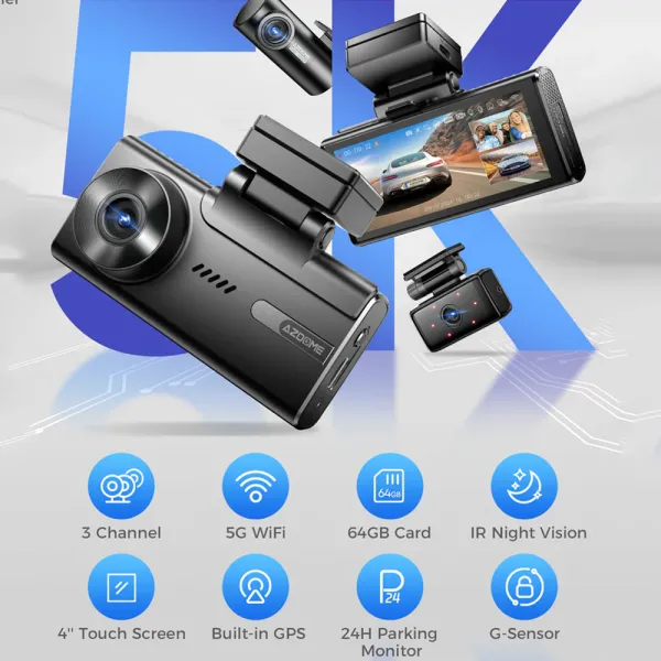 Camera auto de bord AZDOME M580 cu 3 canale 5K, WiFi 5G, WDR Night Vision, 150°, ecran IPS 4&quot;, GPS, aplicatie dedicata, G-sensor si monitorizare parcare