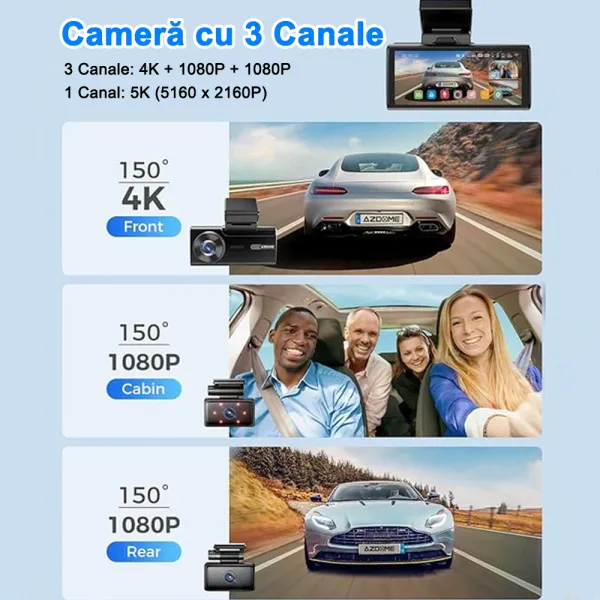 Camera auto de bord AZDOME M580 cu 3 canale 5K, WiFi 5G, WDR Night Vision, 150°, ecran IPS 4&quot;, GPS, aplicatie dedicata, G-sensor si monitorizare parcare