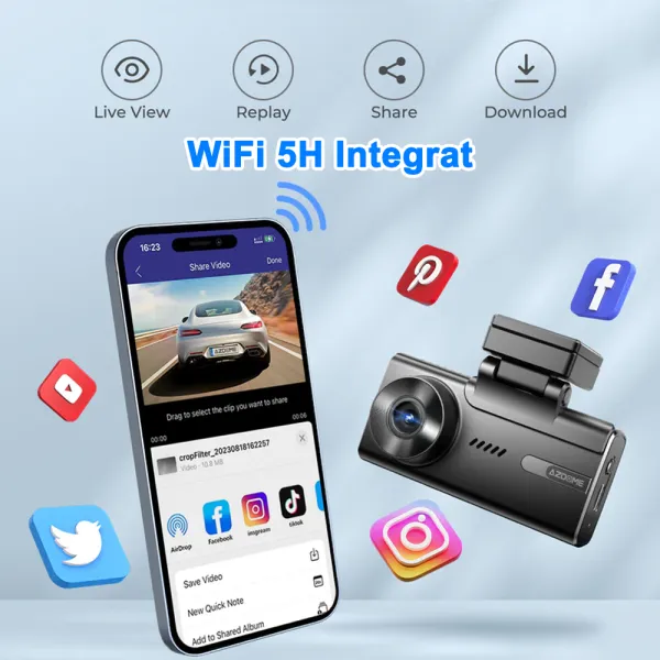 Camera auto de bord AZDOME M580 cu 3 canale 5K, WiFi 5G, WDR Night Vision, 150°, ecran IPS 4&quot;, GPS, aplicatie dedicata, G-sensor si monitorizare parcare