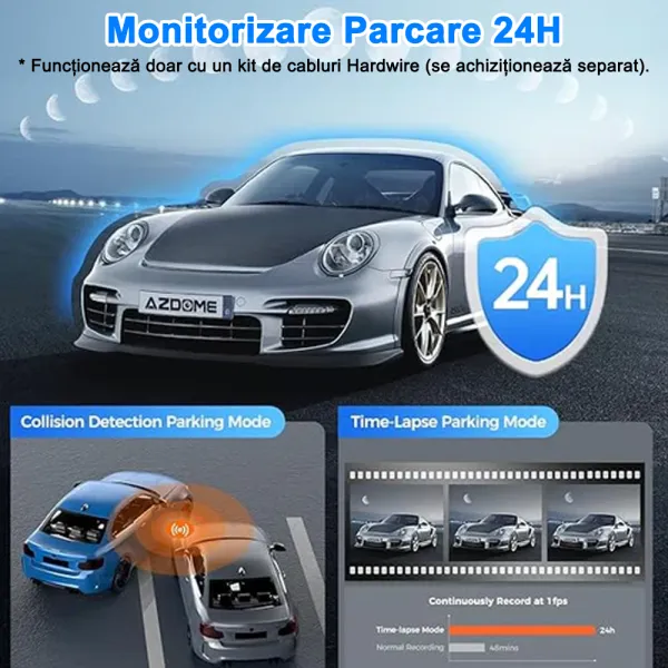 Camera auto de bord AZDOME M580 cu 3 canale 5K, WiFi 5G, WDR Night Vision, 150°, ecran IPS 4&quot;, GPS, aplicatie dedicata, G-sensor si monitorizare parcare