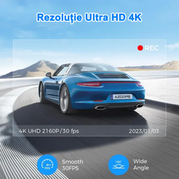 Camera auto de bord AZDOME M63 Lite 4K 2160P, WiFi, WDR Night Vision, 170°, ecran IPS 3&quot;, aplicatie dedicata, G-sensor si monitorizare parcare