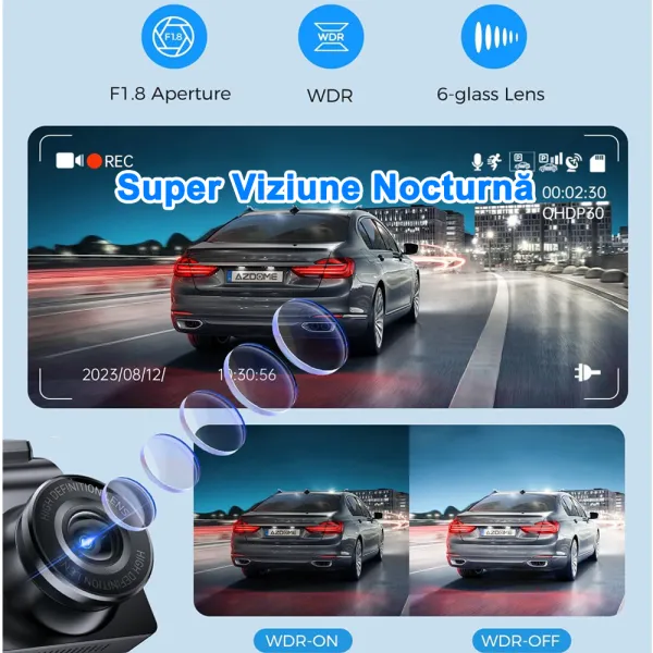 Camera auto de bord AZDOME M63 Lite 4K 2160P, WiFi, WDR Night Vision, 170°, ecran IPS 3&quot;, aplicatie dedicata, G-sensor si monitorizare parcare