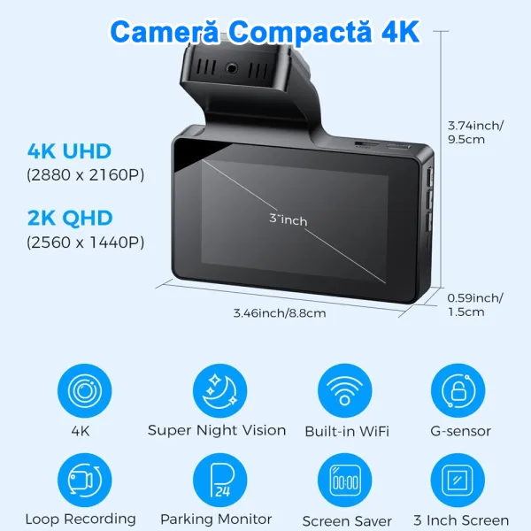 Camera auto de bord AZDOME M63 Lite 4K 2160P, WiFi, WDR Night Vision, 170°, ecran IPS 3&quot;, aplicatie dedicata, G-sensor si monitorizare parcare