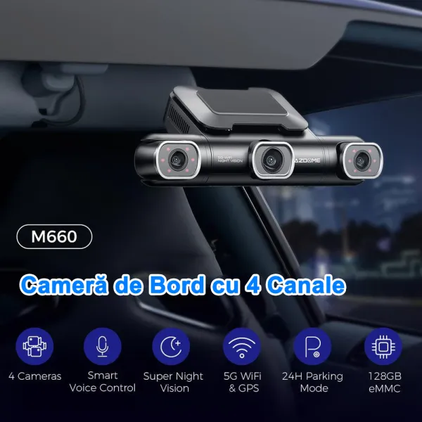 Camera auto de bord AZDOME M660 cu 4 canale 2K+3x1080P, WiFi 5G, WDR, Night Vision, ecran IPS, GPS, aplicatie dedicata, control vocal, G-sensor