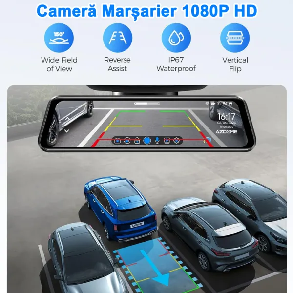 Camera auto de bord AZDOME PG17 4K+FHD, WiFi 6, Night Vision, 150°, ecran 12&quot;, aplicatie dedicata, G-sensor si monitorizare parcare