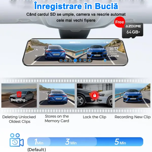 Camera auto de bord AZDOME PG17 4K+FHD, WiFi 6, Night Vision, 150°, ecran 12&quot;, aplicatie dedicata, G-sensor si monitorizare parcare