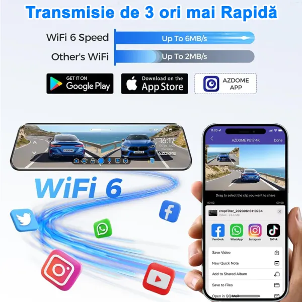 Camera auto de bord AZDOME PG17 4K+FHD, WiFi 6, Night Vision, 150°, ecran 12&quot;, aplicatie dedicata, G-sensor si monitorizare parcare