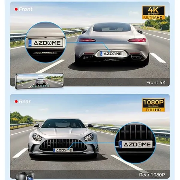 Camera auto de bord tip oglinda, fata-spate, AZDOME PG18S 4K+FullHD, ecran tactil IPS 12&quot;, WDR, 150°, aplicatie dedicata, G-Senzor si monitorizare parcare