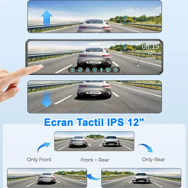 Camera auto de bord tip oglinda, fata-spate, AZDOME PG18S 4K+FullHD, ecran tactil IPS 12&quot;, WDR, 150°, aplicatie dedicata, G-Senzor si monitorizare parcare