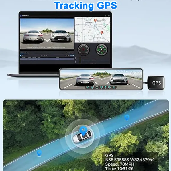 Camera auto de bord tip oglinda, fata-spate, AZDOME PG18S 4K+FullHD, ecran tactil IPS 12&quot;, WDR, 150°, aplicatie dedicata, G-Senzor si monitorizare parcare