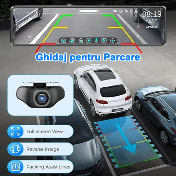 Camera auto de bord tip oglinda, fata-spate, AZDOME PG18S 4K+FullHD, ecran tactil IPS 12&quot;, WDR, 150°, aplicatie dedicata, G-Senzor si monitorizare parcare