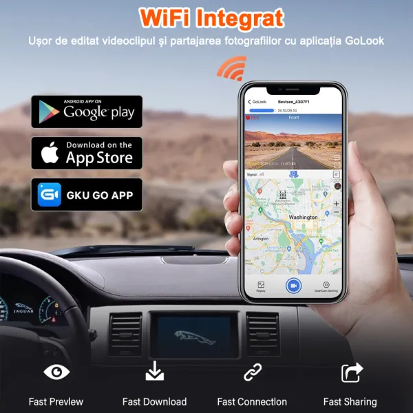 Camera auto de bord Bestsee M33 cu 2 canale 4K, WiFi, Super Night Vision, 170°, ecran 1.47&quot; si aplicatie dedicata, G-sensor si monitorizare parcare